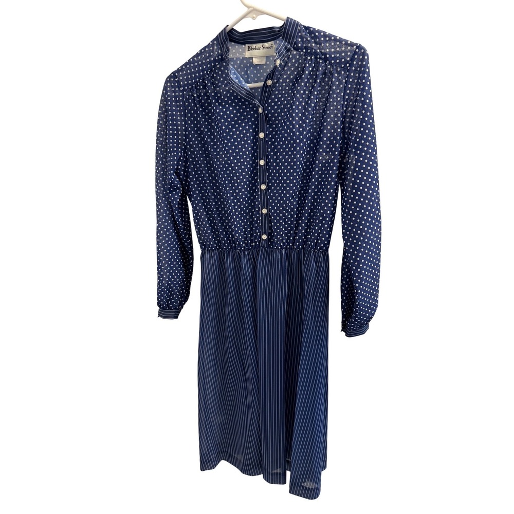VTG 70's Bleecker Street Navy White Polka Dot Striped Midi Dress Women's Size 12